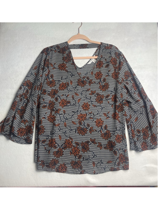 Counterparts Tops - Counterparts Blue/White/Orange Floral V-Neck Keyhole 3/4 Sleeve Blouse XL